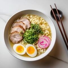 Bowl of ramen with pork slices noodles and eggs japanese food