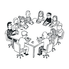 Diverse group meeting with caucasian and asian adults collaborating at a round office table. Hand drawn vector illustration