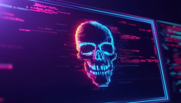 Computer Code Displayed On Screen With A Skull Symbolizing A Computer Virus Or Malware Intrusion. Gruesome Reminder Of Cyber Security Threats.