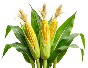 Obraz premium Lush Corn Plant with Young Cobs and Tassels, Botanical Illustration Style.