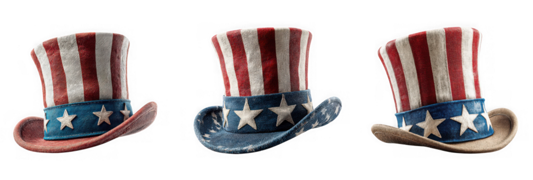 Three uncle sam hats with stars and stripes isolated on transparent background