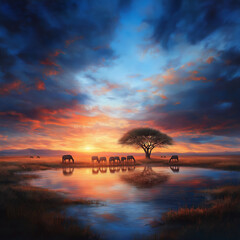 Serene sunset over tranquil waterhole with elephants grazing