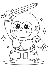 Coloring book page of a warrior monkey swinging sword.
