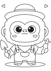 Coloring book monkey farmer with gardening tools.