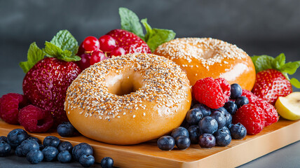 Fresh bagels topped with sesame seeds, surrounded by vibrant