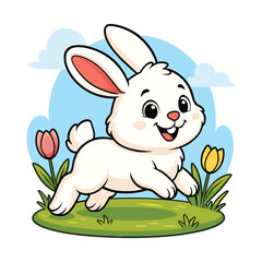 Cartoon Easter Bunny Running Through a Field of Tulips, Adorable White Rabbit Enjoying Spring on a Sunny Day