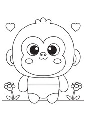 Coloring book page of a baby monkey pose stand with a flower.