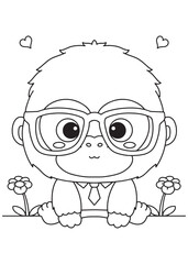 Coloring book nerdy monkey with glasses and shirt.