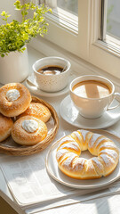 Delicious pastries and coffee on sunny table