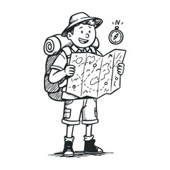 Adventurous young caucasian boy scout exploring with map and compass. Hand drawn vector illustration