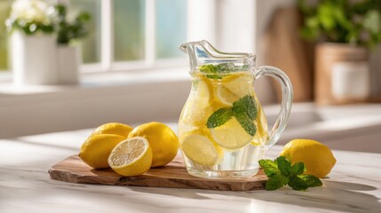 Fototapeta premium Refreshing Lemon Water with Fresh Lemons and Mint Leaves in a Glass Jug on a Kitchen Counter.