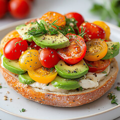 Fresh avocado toast topped with colorful cherry tomatoes