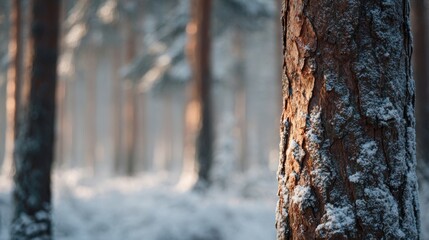 Snowy Forest Landscape with Tall Pine Trees and Frosted Bark in Winter Morning.