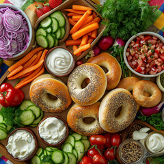 Fresh bagels with assorted vegetables and dips create vibrant