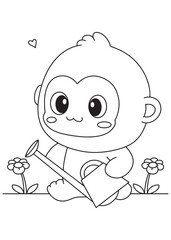 Coloring book page of a monkey scientist with test tube.