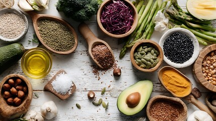 Plant-based ingredients spread out on a table, promoting the concept of sustainable and health-conscious eating for a better future.
