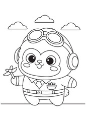 Coloring book monkey pilot holding a toy airplane.