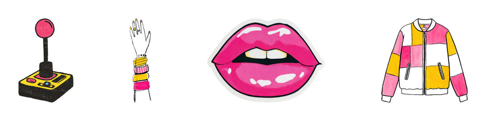 Retro Pop Art Collage With Joystick, Lips, And Fashion Elements. Vibrant Expression Of Style And Culture Isolated On Transparent Background