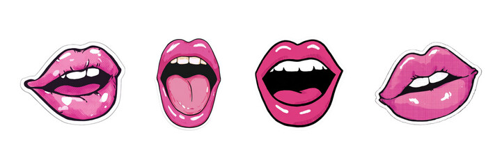 Obraz premium Pop Art Style Pink Lips Illustrations. Expressive Lipstick Designs For Fashion And Art Concepts Isolated On Transparent Background