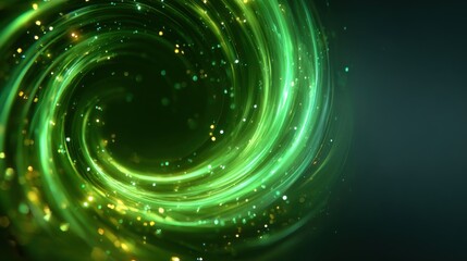 Vibrant green swirling energy vortex with glowing particles and dynamic motion.