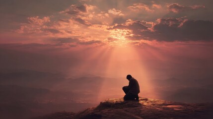 Meditation practitioner sitting on rock during sunrise with sun rays and clouds.