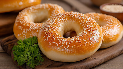 Freshly baked sesame bagels on wooden board