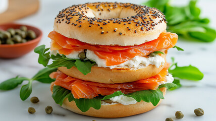 Fresh bagel sandwich with smoked salmon and arugula