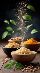 Collection of various spices showcased in black bowls on a dark wooden table, enhanced by green leaves and herbs in the background