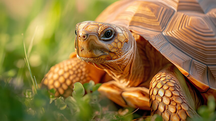 Close up of tortoise grassy environment, showcasing its intricate