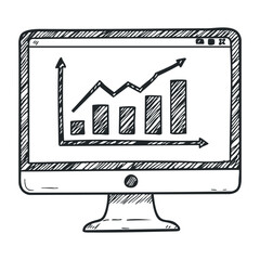 Hand-drawn computer monitor with rising bar and line graph display. Hand drawn vector illustration