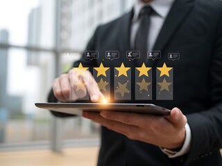Online review rating concept businessman giving star rating on tablet device