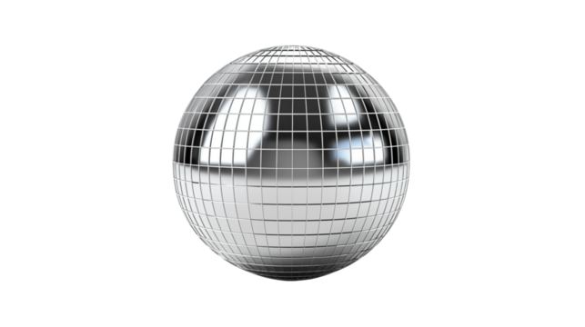 Shiny disco ball reflects light in a mirrored pattern on  transparet 