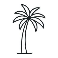 Simple black line drawing of a palm tree with curved trunk and wide leaves. Outline vector illustration