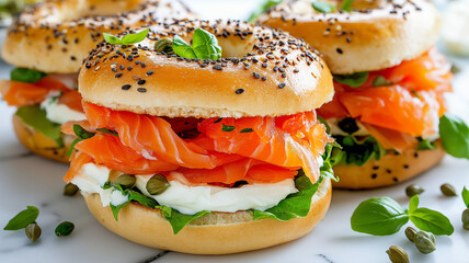 Fresh bagels with smoked salmon, cream cheese, and herbs