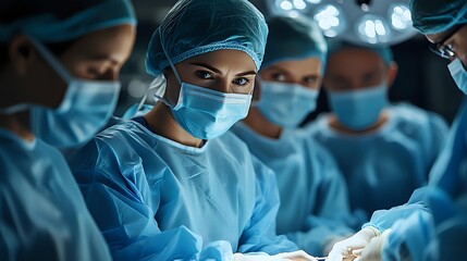 Medical team performing surgery in operating room with dramatic lighting, focused surgeon in protective gear leading procedure while colleagues assist in background.