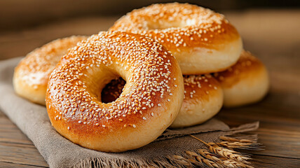 Freshly baked bagels with sesame seeds on rustic cloth