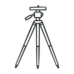 Black and white tripod illustration with adjustable legs and mount for cameras. Outline vector illustration