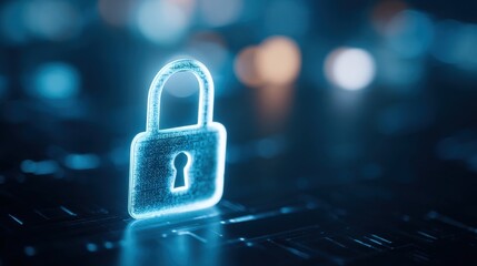 Fototapeta premium Futuristic glowing digital padlock symbol representing cybersecurity and data protection.