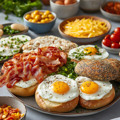 Delicious breakfast spread with eggs, bacon, and toppings
