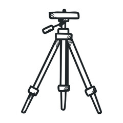 Black and white tripod sketch with lever and adjustable legs. Outline vector illustration