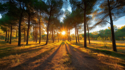 Serene forest scene with sunlight filtering through trees