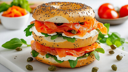 Delicious bagel sandwich with smoked salmon and cream cheese