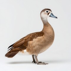 Brown duck with blue beak stands on white background
