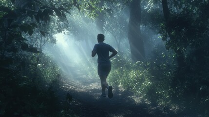 Person jogging through a misty forest path.