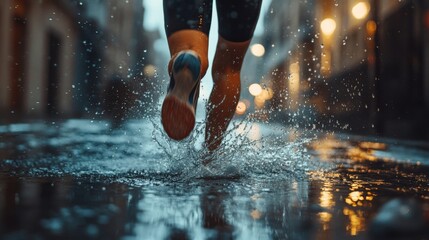 Person running through puddles in the rain.