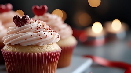 Pink frosted vanilla cupcake decorated with red heart sprinkles and glitter heart topper on dark background with romantic bokeh lights for Valentine's Day celebration.