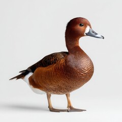 Brown duck with white patch on face stands on white background