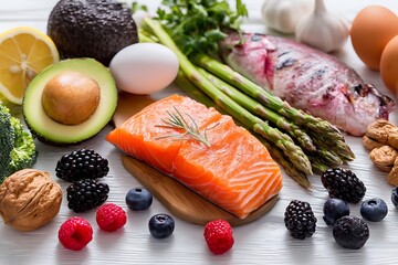 The ketogenic diet showcased with healthy low-carb foods such as vegetables, fish, nuts, and berries, all placed on a white wooden background for clarity.