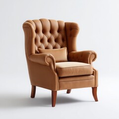 Brown Leather Wingback Armchair with Tufting and Pillow