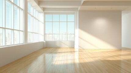 Fototapeta premium Bright Spacious Empty Room with Large Windows and Natural Light Streaming In.